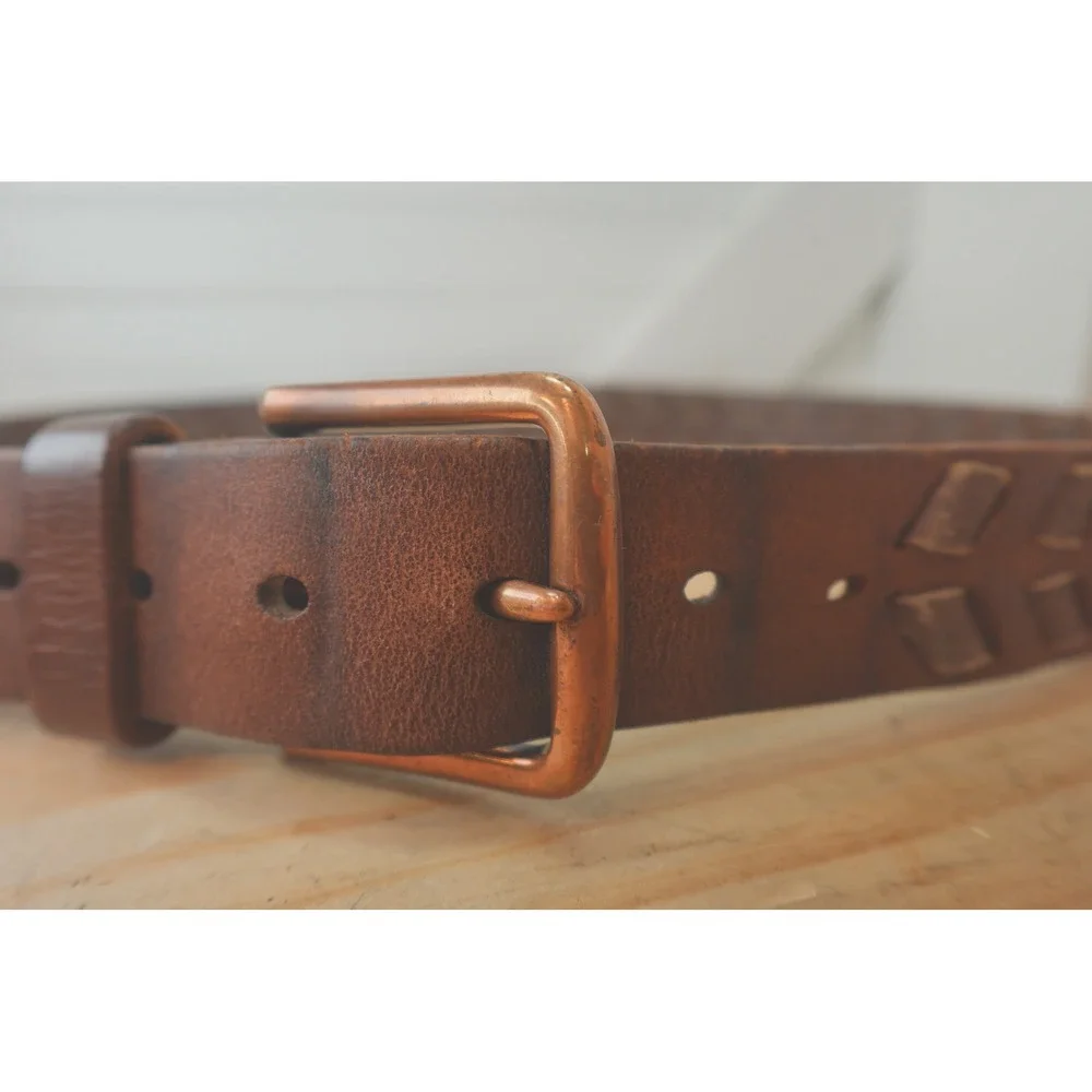 Brown Leather Chevron Braided Belt Men's XL Copper Buckle Two-Tone Vintage Boho